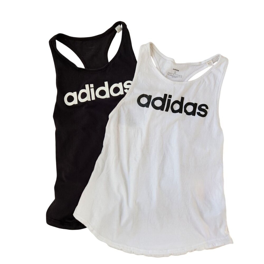 BUNDLE (2) Adidas Tank Tops Racerback Front Logo Black White Activewear S